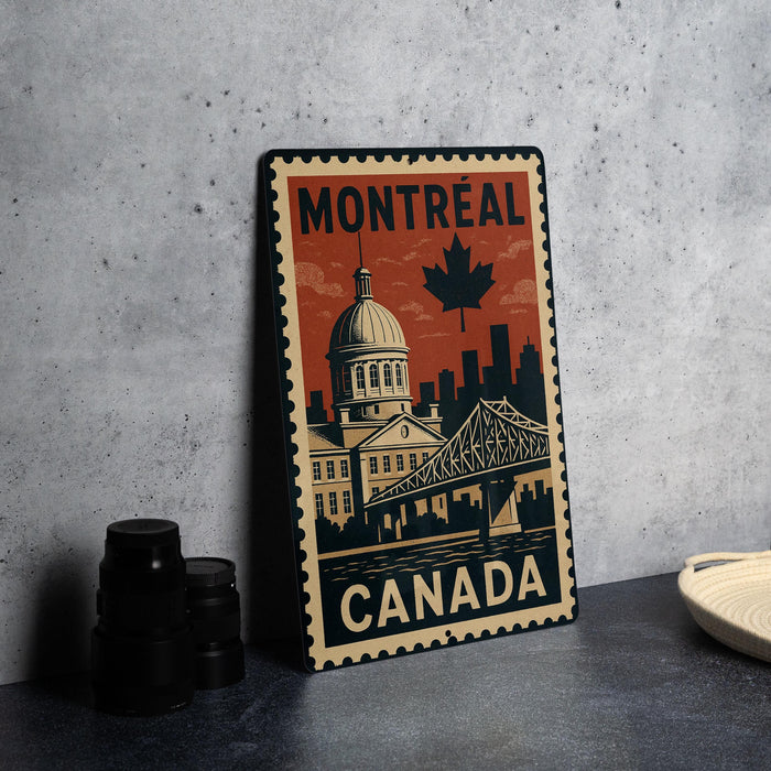 A vintage-style metal sign with the text "MONTREAL CANADA" and an illustration of the Montreal skyline, including the iconic dome of the Basilica of Our Lady of the Sacred Heart.