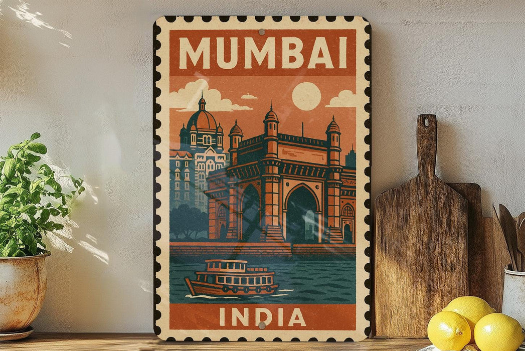 a vintage-style poster of Mumbai, India, with a boat and a building depicted on the poster. The poster is framed and displayed on a wall, with a wooden cutting board and a potted plant to the side.