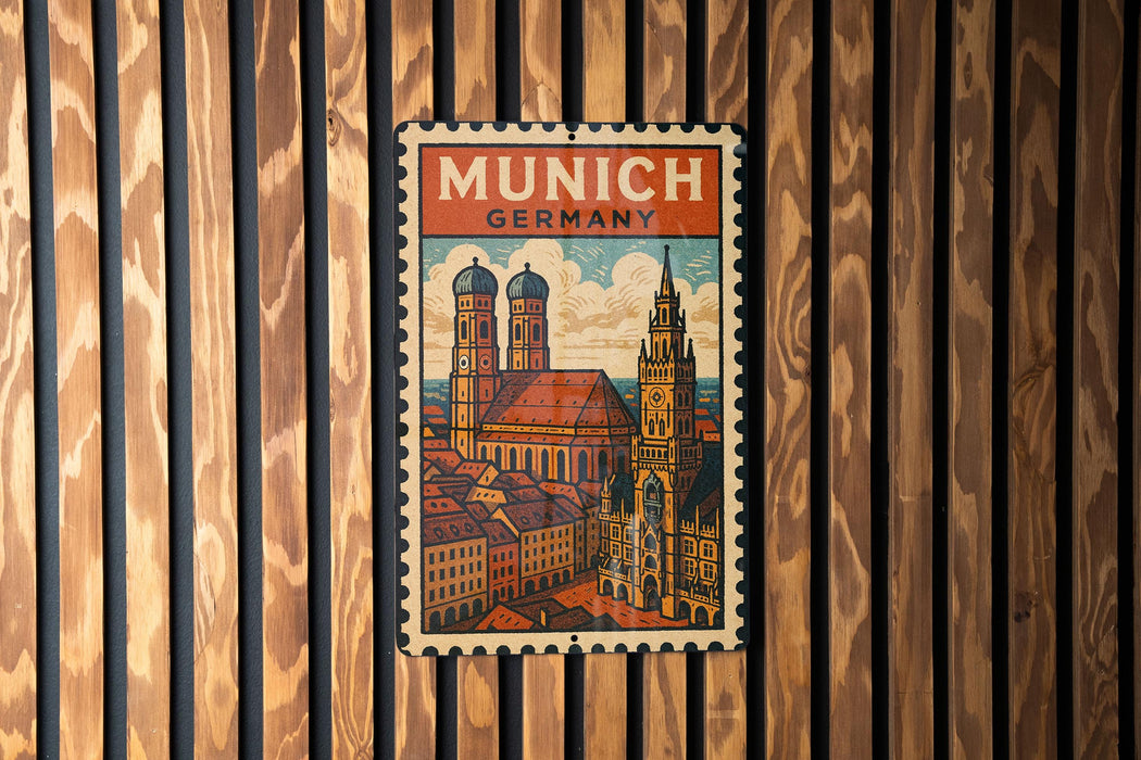 A vintage-style postage stamp depicting the city of Munich, Germany, with the text "MÜNICH GERMANY" prominently displayed.