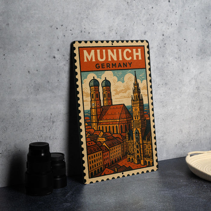 A vintage metal poster of the city of Munich, Germany, featuring the city's iconic landmarks such as the Brandenburg Gate and the Brandenburg Cathedral.