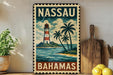 A vintage-style metal sign with a lighthouse and palm trees, depicting the Bahamas, is displayed on a shelf next to a wooden cutting board and a potted plant.