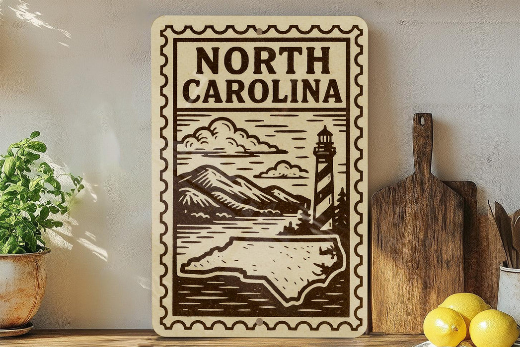 a decorative sign that reads "NORTH CAROLINA" with a lighthouse and mountains in the background. The sign is placed on a shelf next to a potted plant and a cutting board, along with some lemons.