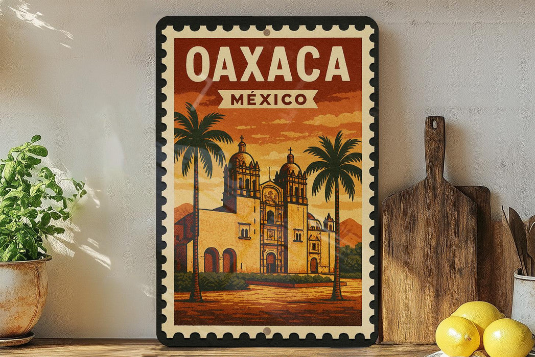 A framed vintage-style poster of Oaxaca, Mexico, featuring a colorful illustration of a church with palm trees and mountains in the background.