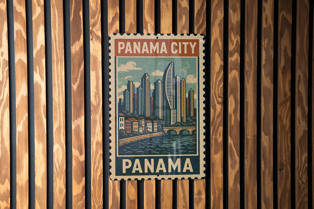 A vintage-style postage stamp depicting the Panama City skyline, with the text "Panama City" prominently displayed.