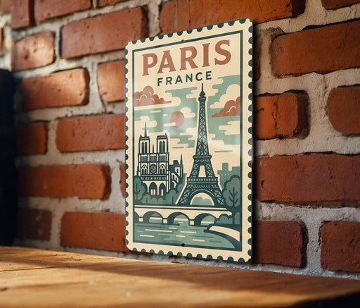 A vintage-style poster of Paris, France, featuring the Eiffel Tower and other iconic landmarks, is displayed on a brick wall.