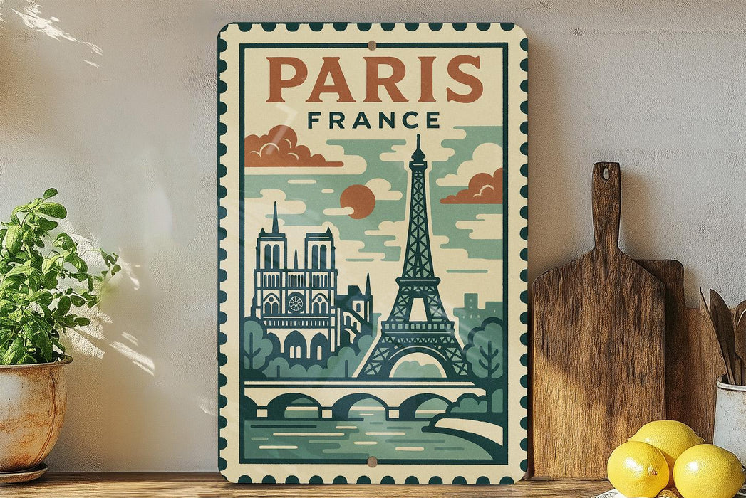 a vintage-style poster of Paris, France, with the Eiffel Tower and other iconic landmarks depicted. The poster is displayed on a wall, with a wooden cutting board and a potted plant to the left, and a bowl of lemons to the right.
