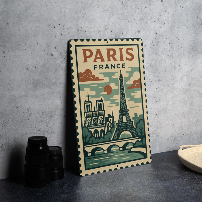 A vintage-style metal sign featuring the Eiffel Tower and Paris, with the text "PARIS FRANCE" prominently displayed.