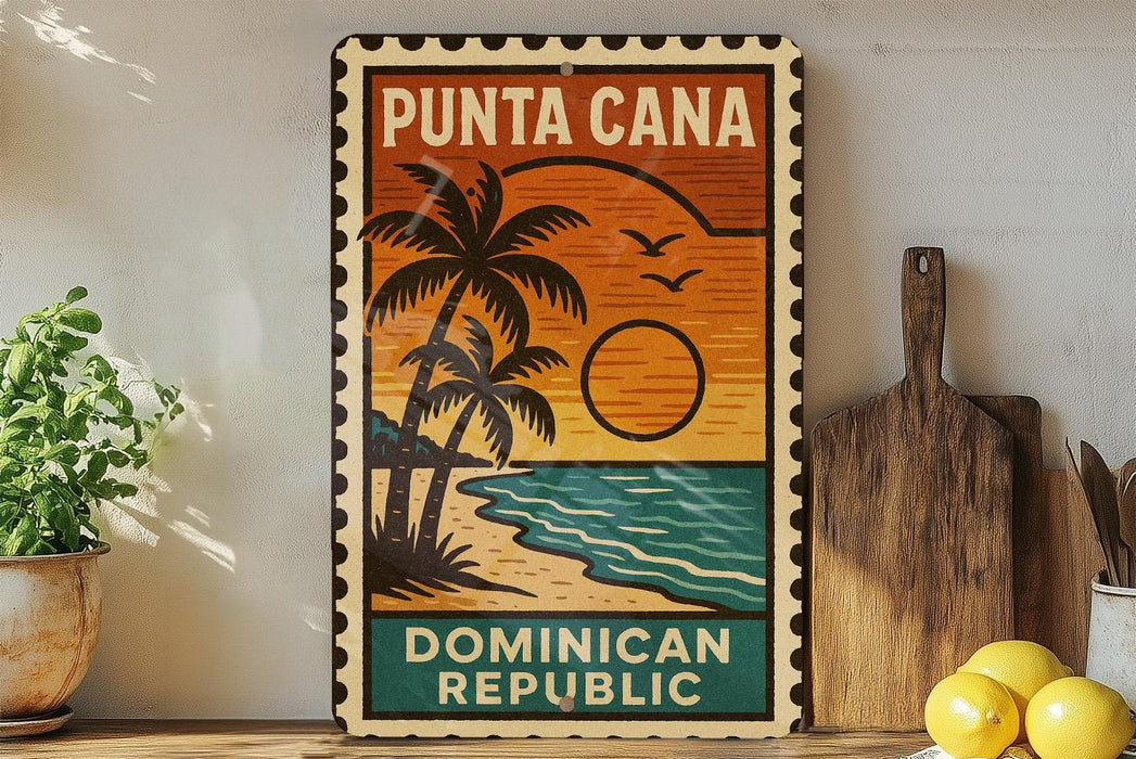 A vintage-style poster of Puna Cana, the Dominican Republic, featuring a tropical beach scene with palm trees and a sunset.