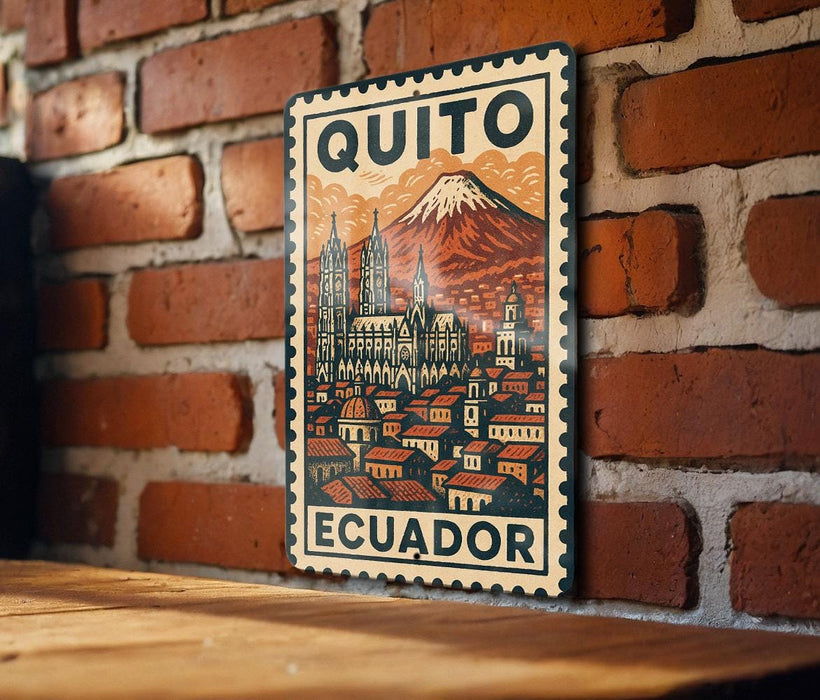 A metal sign with a vintage-style illustration of Quito, Ecuador, featuring a mountain and a cityscape.