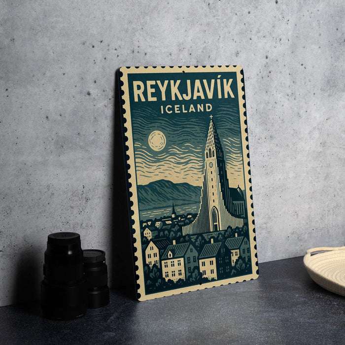 A framed poster of Reykjavik, Iceland, featuring a stylized illustration of the cityscape and the Reykjavik Cathedral.