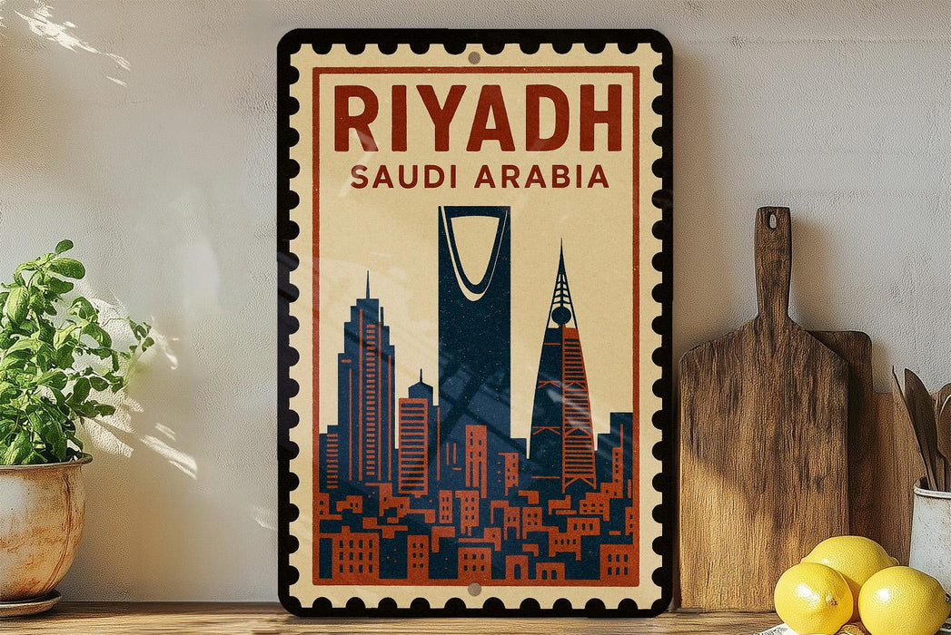 A vintage-style poster of Riyadh, Saudi Arabia, featuring the city's skyline and landmarks, is displayed on a wall next to a wooden cutting board and a potted plant.