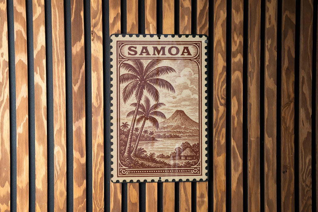 A postage stamp from Samoa is displayed against a wooden background.