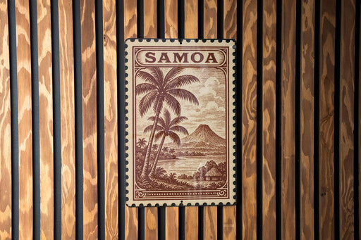 A postage stamp from Samoa is displayed against a wooden background.
