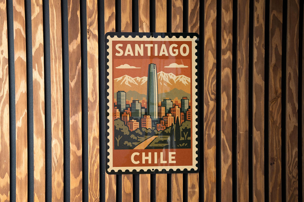 A vintage postage stamp depicting the city of Santiago, Chile, with mountains in the background.
