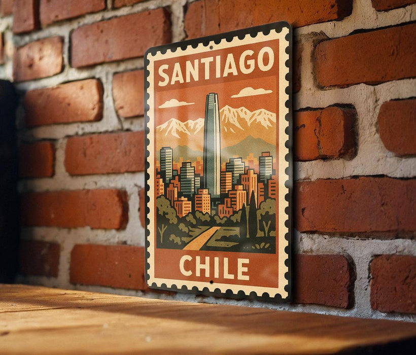 A vintage-style metal sign with the text "SANTIAGO CHILE" displayed on a brick wall.