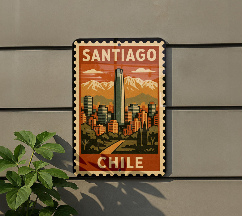 A vintage-style metal sign with the text "SANTIAGO CHILE" and an illustration of a cityscape with mountains in the background.