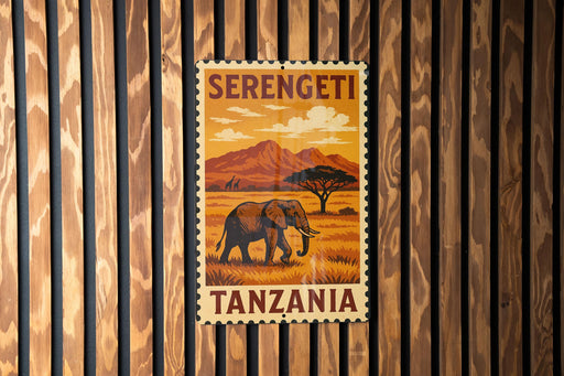 A vintage-style postage stamp from Tanzania featuring an elephant in a grassy field with mountains in the background.