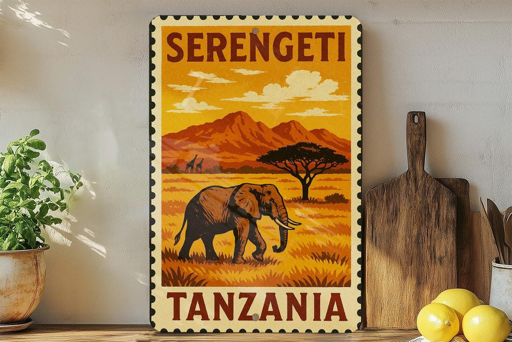 A vintage-style stamp depicting an elephant in a savanna landscape with mountains in the background, along with the text "Serengeti Tanzania".