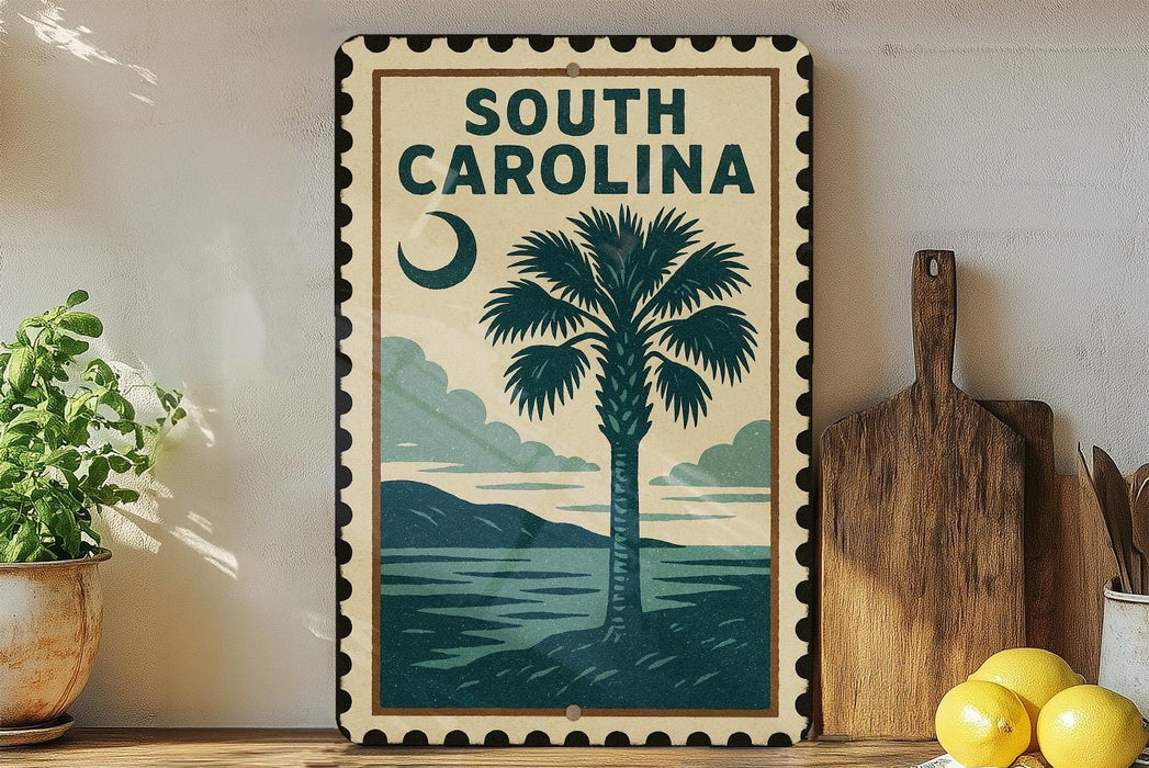 A framed poster of a palm tree and a beach scene, with the text "SOUTH CAROLINA" prominently displayed.