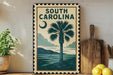 A framed poster of a palm tree and a beach scene, with the text "SOUTH CAROLINA" prominently displayed.