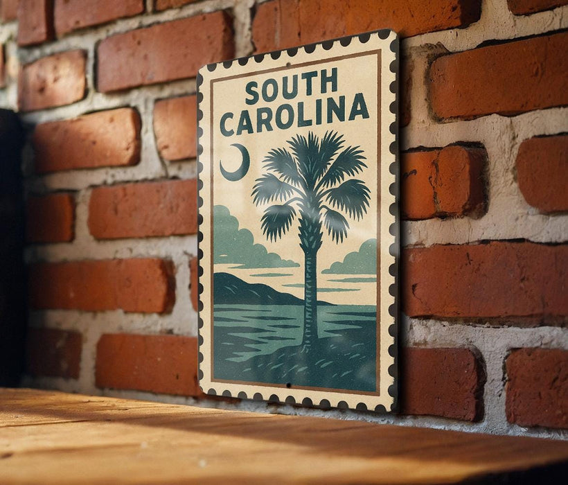 A framed poster of a palm tree and a beach scene hangs on a brick wall, with the text "SOUTH CAROLINA" prominently displayed.