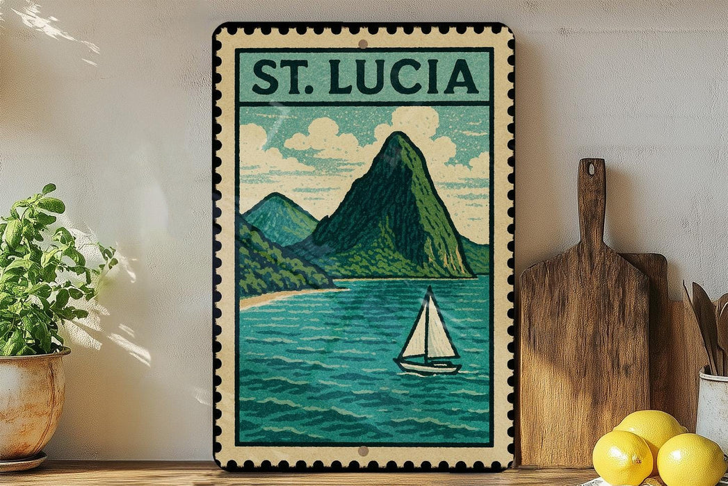 A framed illustration of St. Lucia, featuring a sailboat on the turquoise waters of the island, is displayed on a shelf next to a wooden cutting board and a potted plant.