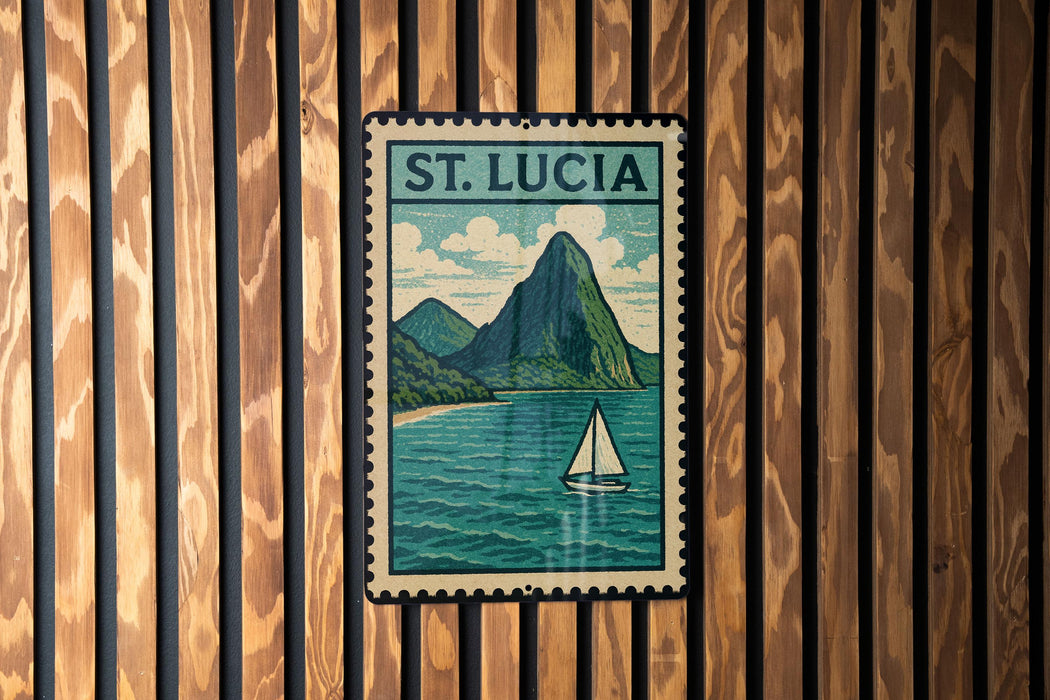 A vintage postage stamp depicting St. Lucia, featuring a sailboat on the water and a mountain in the background.