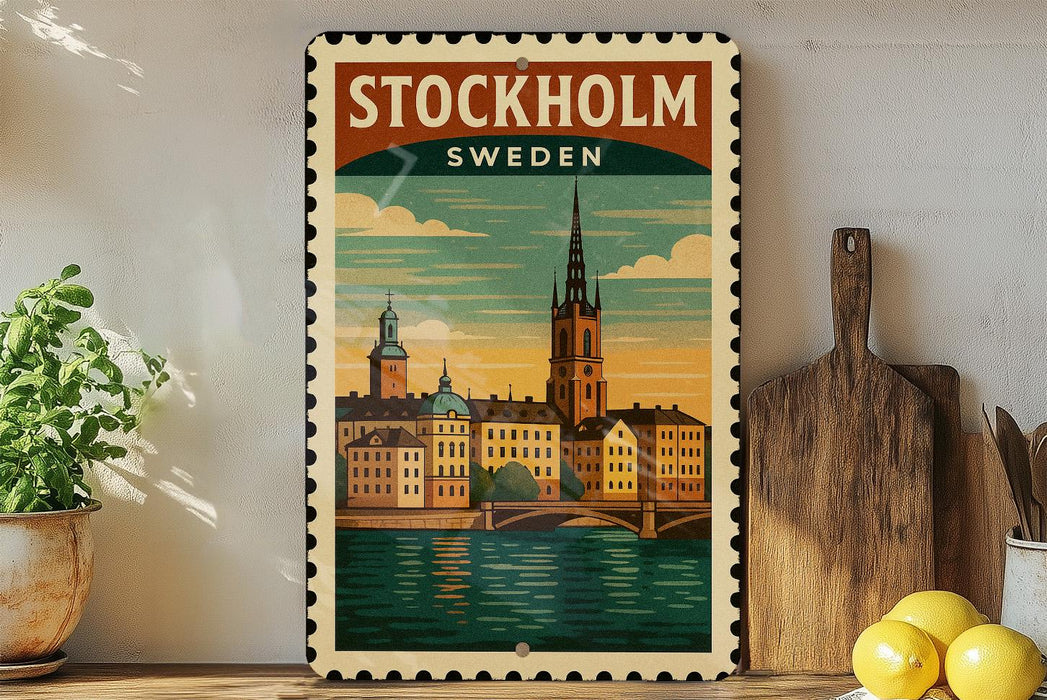 A vintage-style metal sign depicting the city of Stockholm, Sweden, with a castle and a bridge in the background.