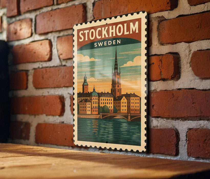A vintage-style poster of Stockholm, Sweden, featuring a cityscape with a church spire and a bridge, is displayed on a brick wall.