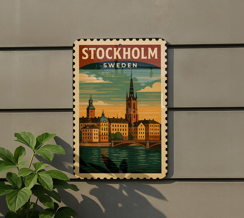 A vintage-style postage stamp depicting the city of Stockholm, Sweden, with a colorful illustration of the cityscape and a church spire.