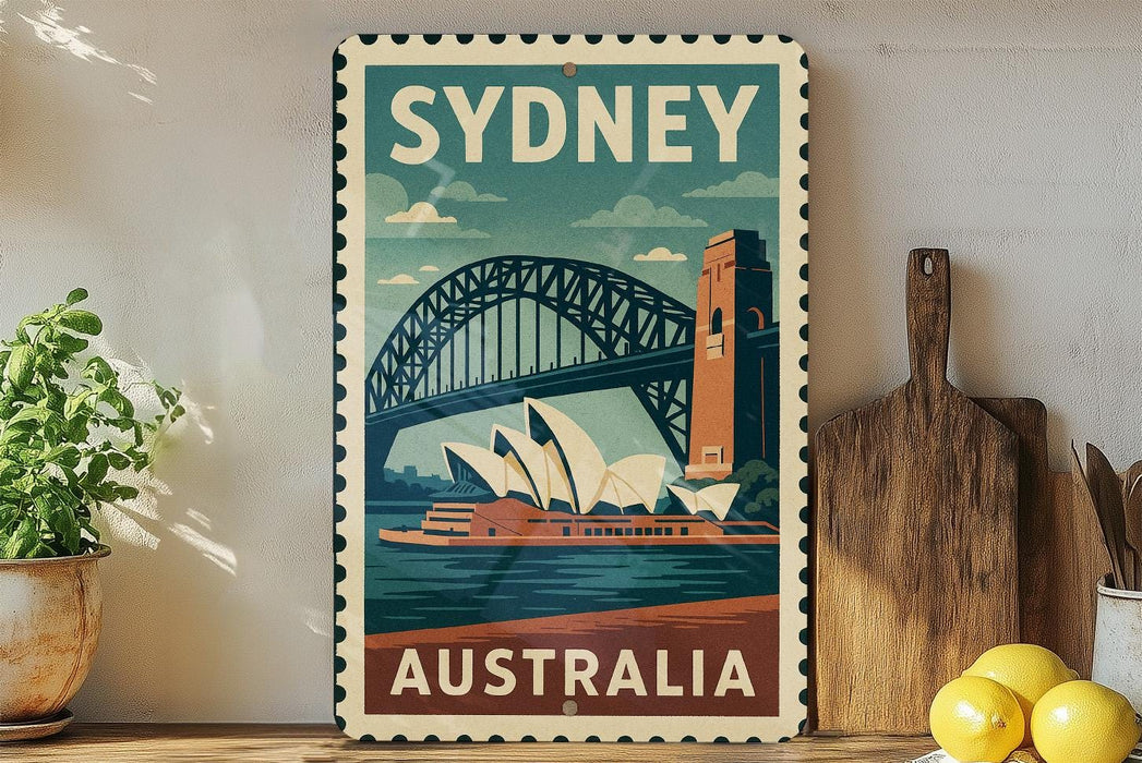 A vintage-style poster of Sydney, Australia, featuring the iconic Sydney Harbour Bridge and the Sydney Opera House, is displayed on a wall next to a wooden cutting board and some potted plants.