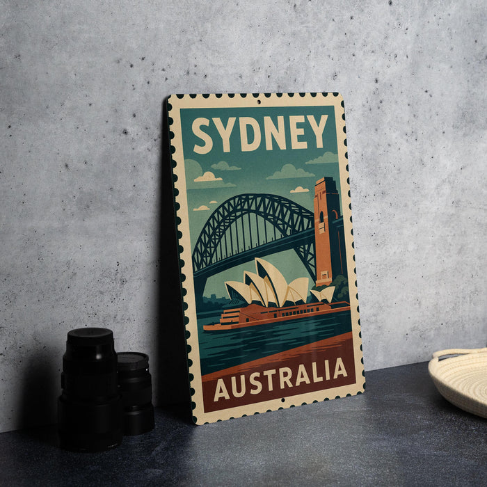 A vintage-style metal stamp depicting the Sydney Harbour Bridge and the Sydney Opera House, with the text "SYDNEY AUSTRALIA" printed on it.