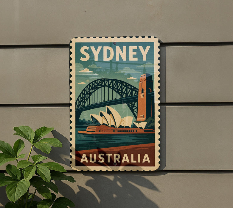 A vintage-style poster of Sydney, Australia, featuring the iconic Sydney Harbour Bridge and the Sydney Opera House, is displayed on a wall.