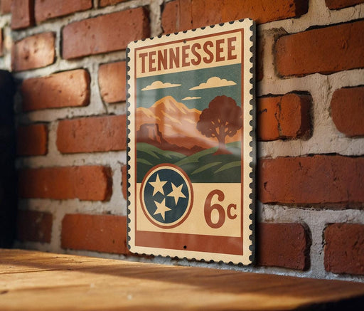 A vintage-style postage stamp from Tennessee, featuring a mountain landscape and the state's name, is displayed on a brick wall.