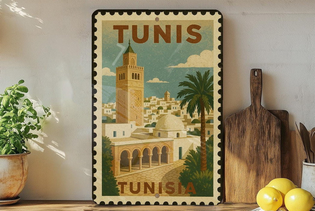 A vintage-style postage stamp depicting the city of Tunis, Tunisia, with a tall minaret and palm trees, is displayed on a shelf next to kitchen utensils and a potted plant.