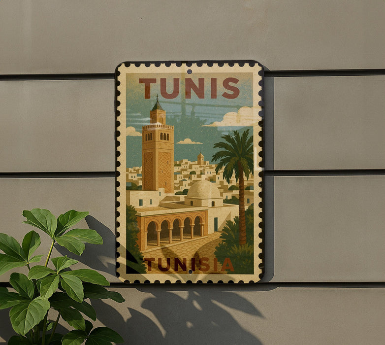 A vintage-style postage stamp depicting a cityscape of Tunis, Tunisia, with a tall tower and palm trees.