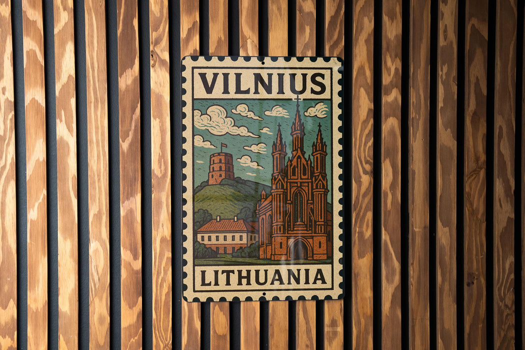 A postage stamp featuring a castle and a hill in the background, with the text "VILNIUS LITHUANIA" prominently displayed.