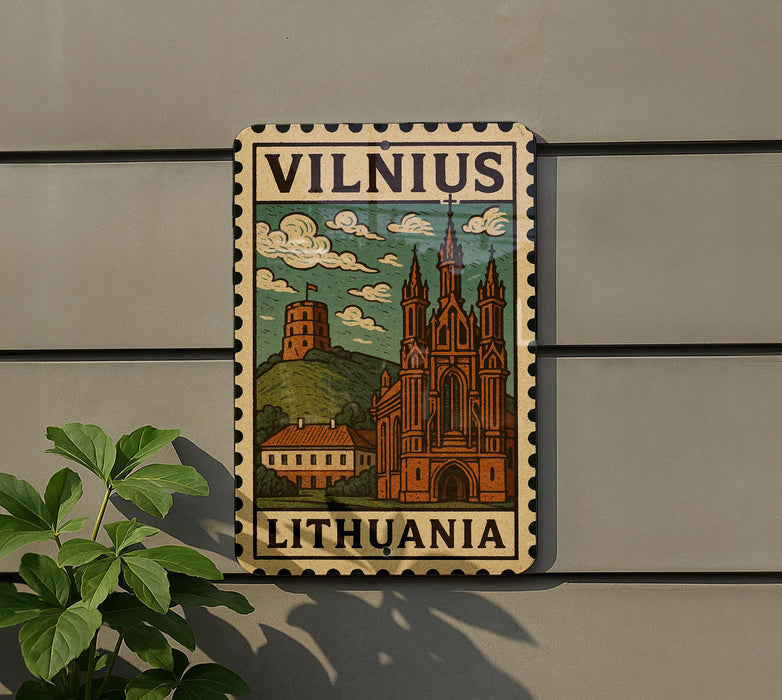 A vintage postage stamp depicting a castle and a hill in the background, with the text "VILNIS" and "Lithuania" printed on it.