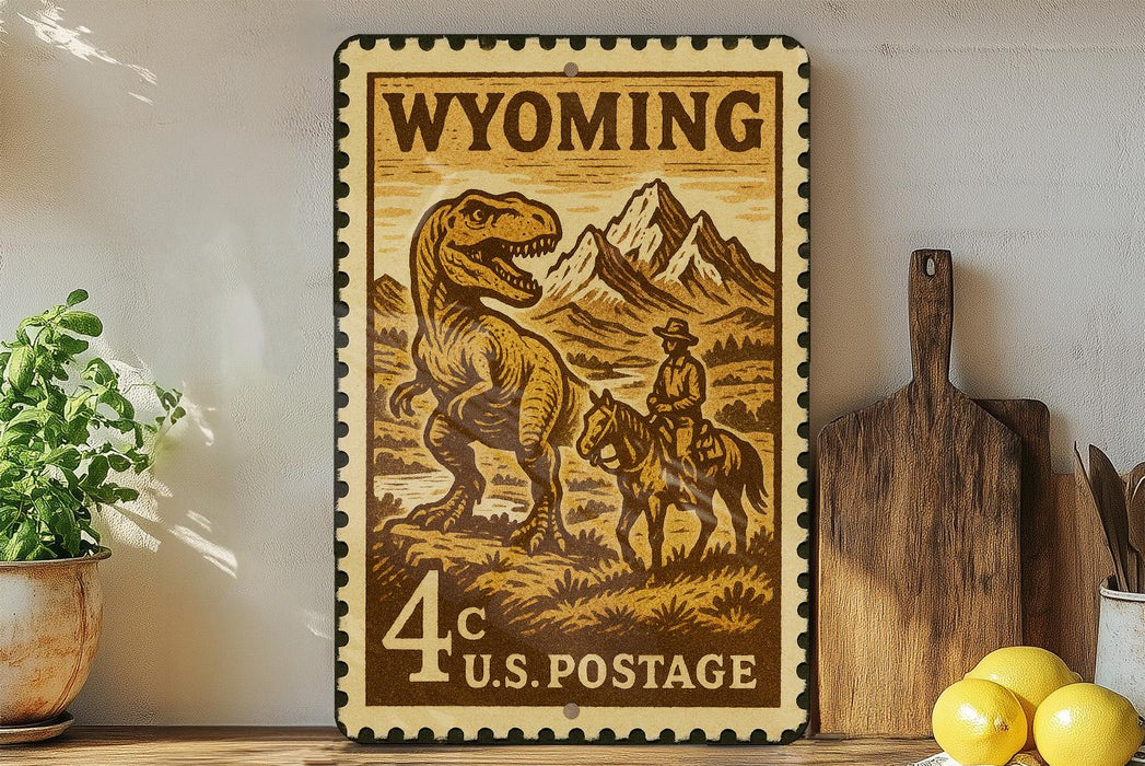 A Wyoming postage stamp featuring a dinosaur and a cowboy on a horse, with the text "Wyoming 4c U.S. Postage" printed on it.