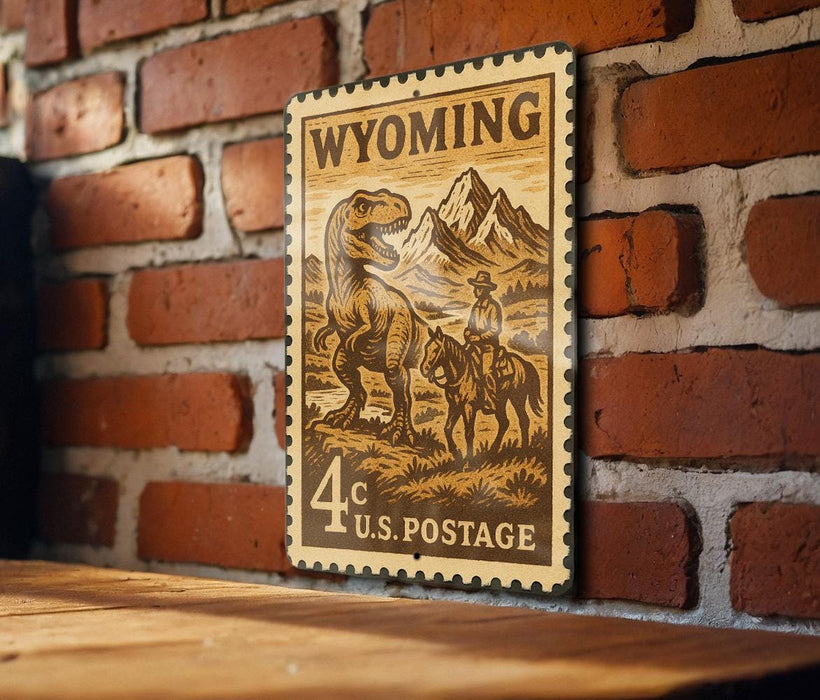 A wooden postcard with a dinosaur and a cowboy on a horse, mounted on a brick wall.