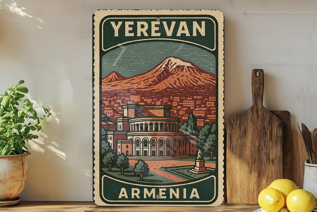 A vintage-style poster of Armenia, featuring a mountain landscape and a building, is displayed on a shelf next to a wooden cutting board and some potted plants.