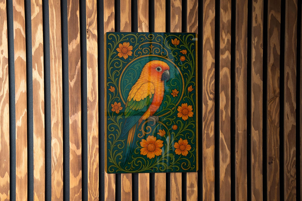 A colorful parrot is depicted on a green and black background, surrounded by flowers and leaves, mounted on a wooden wall.