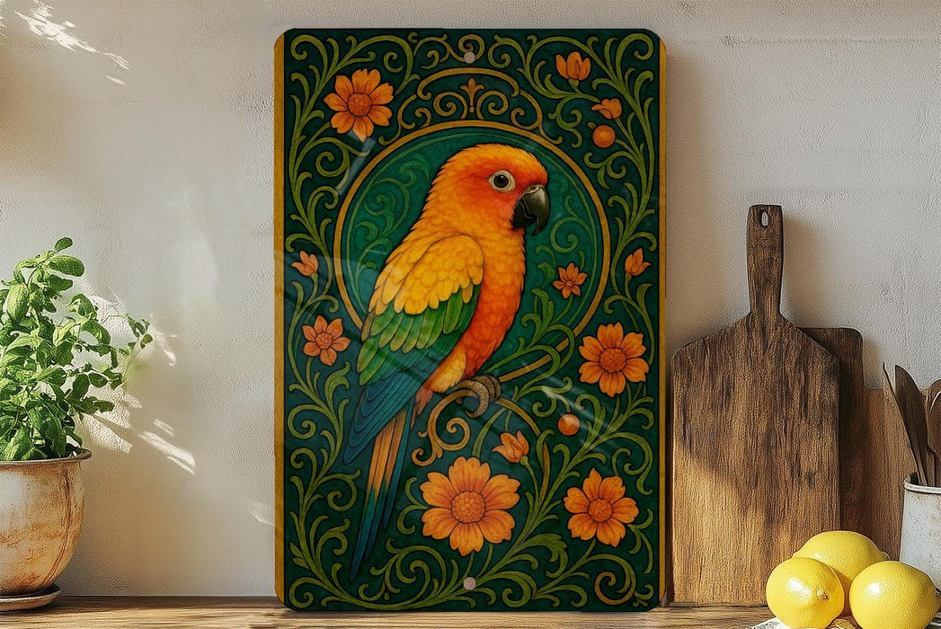 a vibrant, colorful parrot perched on a branch, surrounded by a lush green and orange floral design. The parrot is the central focus of the image, with a wooden cutting board and a potted plant visible in the background.