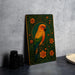 A colorful painting of a parrot is displayed on a wall, surrounded by black camera lenses and a white plate.