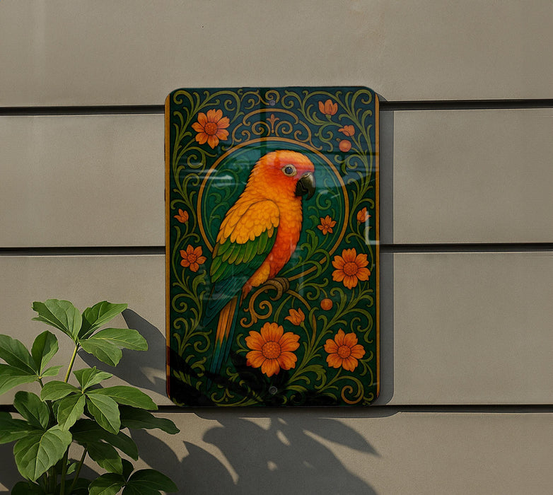 a vibrant, colorful parrot perched on a branch, surrounded by a lush green plant and a decorative border.