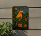 a vibrant, colorful parrot perched on a branch, surrounded by a lush green plant and a decorative border.