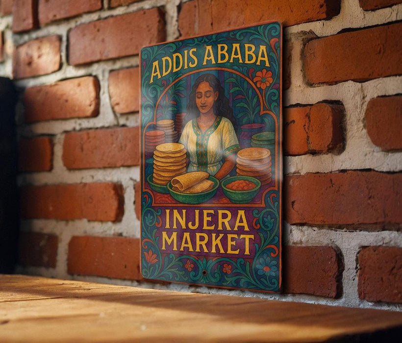 a colorful sign for a Mexican market called "Addis Ababa Injera Market".