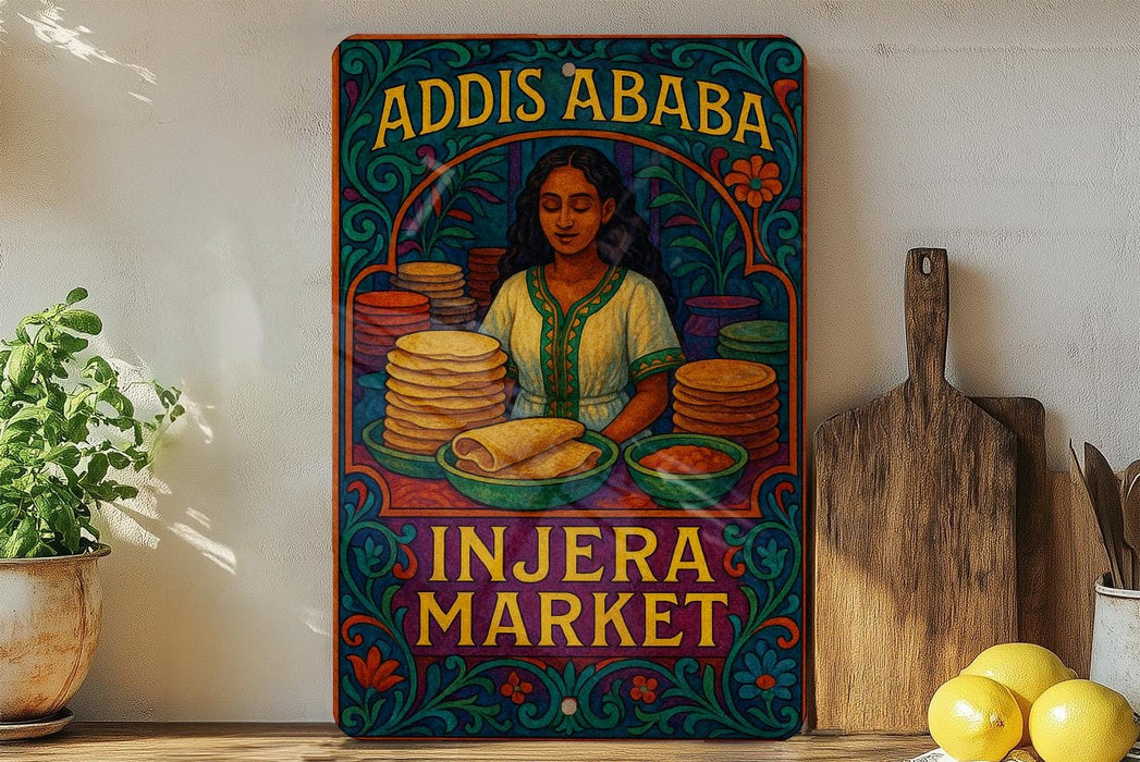 a colorful, vintage-style poster advertising an Injera Market, with a woman depicted in the center surrounded by stacks of bread.