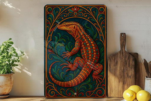 a vibrant, colorful painting of a lizard or salamander, with intricate patterns and designs surrounding it, displayed on a wall.