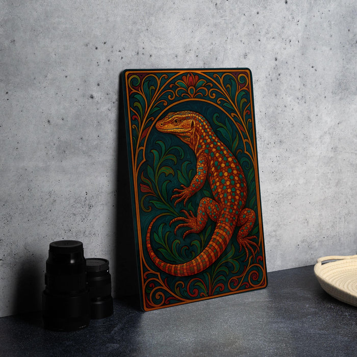 a vibrant, intricately designed painting of a colorful lizard or salamander, set against a dark background with a decorative border.